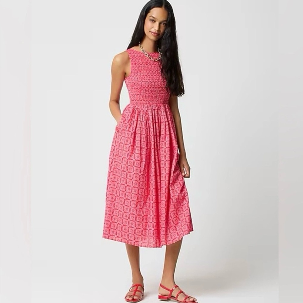 J. Crew Pink Sundress Midi with Smocked Bodice